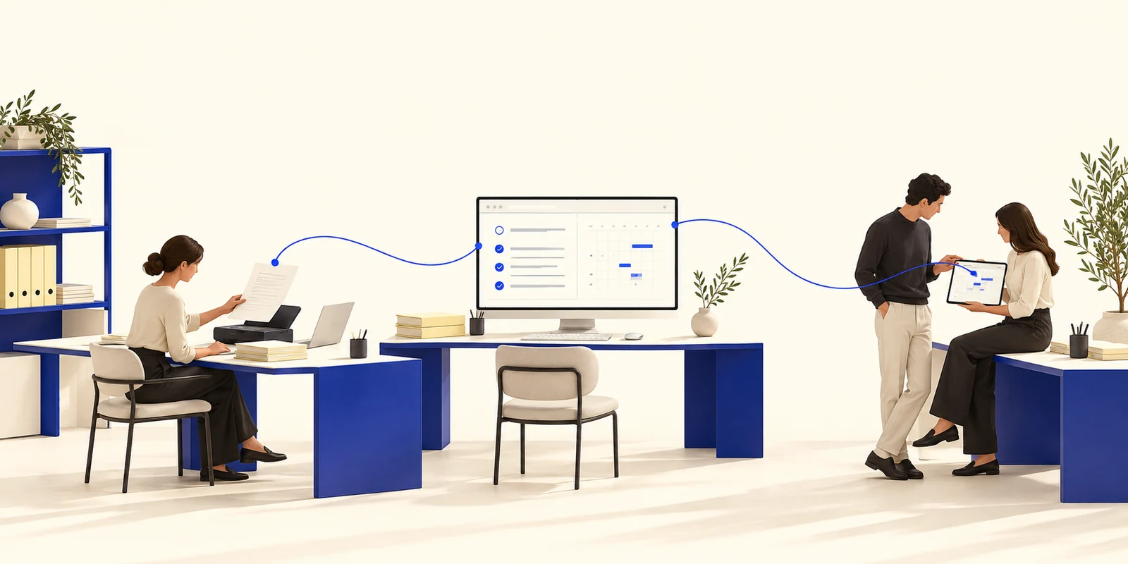 Illustrazione di uno studio con tre persone al lavoro: documenti, calendario e attività si collegano attorno ai loro schermi.